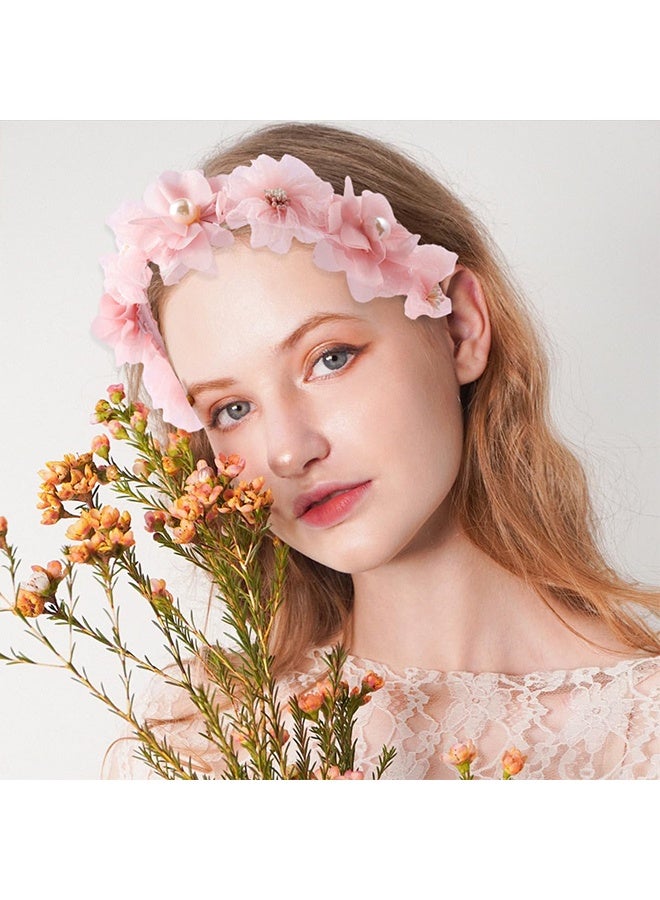 Flower Headband for Girls Pink Rose Floral Head Band with Flowers Elegant Headbands With Pearls For Women Girl Wedding Party Headdress Non Slip Bands - Image 3